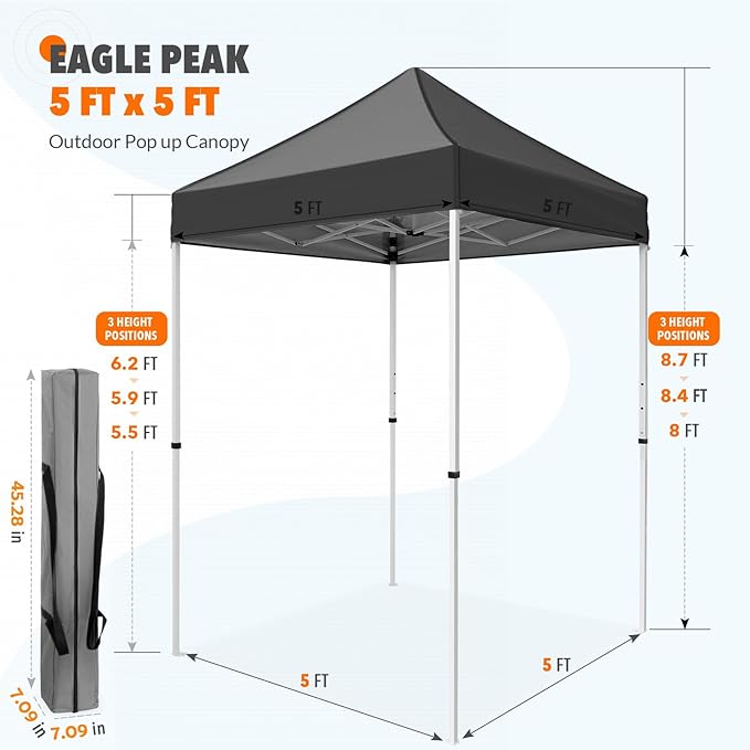 EAGLE PEAK 5x5 Pop Up Canopy Tent Instant Outdoor Canopy Easy Set-up Straight Leg Folding Shelter, Gray