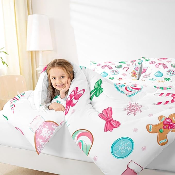 Feelyou Candy Cane Comforter Set Twin Size Christmas Ornament Bedding Set for Kids Boys Girls Snowflake Duvet Quilt Festive Bow Bedroom Decor Christmas Stocking Microfiber 2 Pcs with 1 Pillow Cases