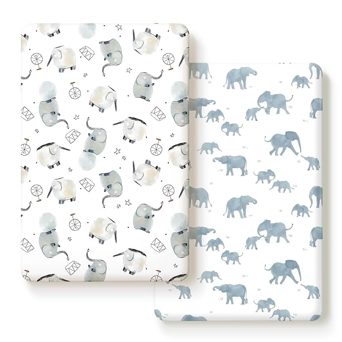 Pack n Play Sheets Fitted 2 Pack, Stretchy Ultra Soft Jersey Knit Pack and Play Sheets, Universal Fitted Portable/Mini Crib Mattresses Snug and Safe, Cute Elephant Print for Boys and Girls