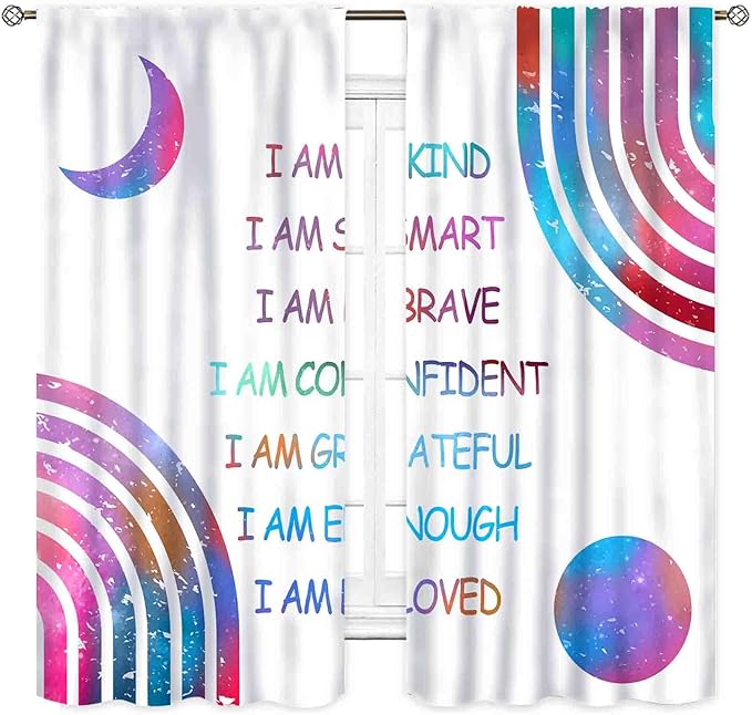 Rainbow Curtains for Girls Bedroom, Boho Rianbow Quotes Inspirational Motivational Positive Colorful Galaxy Pink Purple Window Drapery for Baby Kids Living Room Nursery Classroom, 52"x84" Inch
