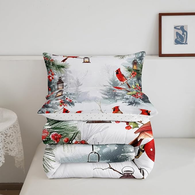 jejeloiu Kids Red Cardinal Comforter Set King Size Christmas Theme Bedding Set for Boys Girls Teens Xmas Birds Winter Country Woodland Animal Duvet Quilt Room Decor
