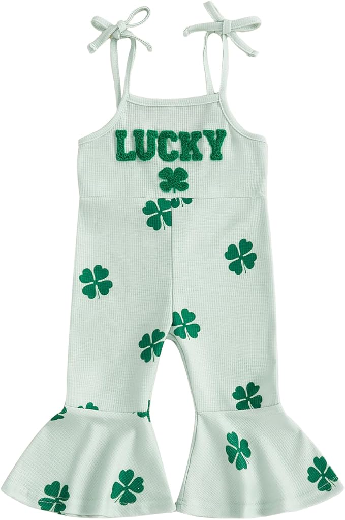 Toddler Baby Girl Valentines Day Outfit Love Sleeveless Tie-up Suspender Romper Bell Bottom Pants Spring Jumpsuit