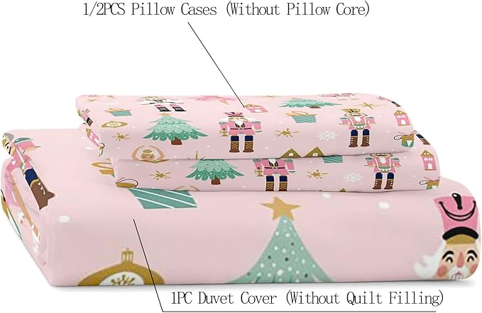 LUVIVIHOME 3PCS Christmas Nutcracker Duvet Cover Full Bedding Set, Light Pink Duvet Cover, Teen Girl Bedding, Christmas Tree Snowflake Winter Holiday Xmas Gifts Kids Comforter Cover, 2 Pillow Shams