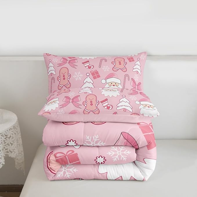 Feelyou Pink Christmas Bedding Set Soft for Boys Girls, Santa Claus Comforter Set Toddler Size Gingerbread Man Duvet Quilt Microfiber Bow Candy Cane Bedroom Decor 2 Pcs with 1 Pillow Cases