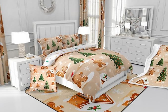 Feelyou Christmas Bedding Set Soft for Boys Girls, Gingerbread Man Comforter Set Queen Size Snowflake Duvet Quilt Microfiber Xmas Tree Bedroom Decor 3 Pcs with 2 Pillow Cases