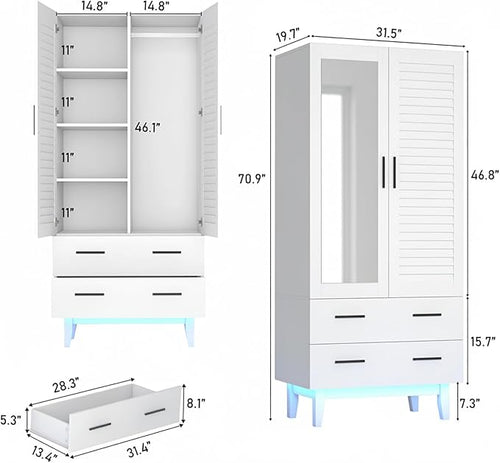 2 Door Armoire Wardrobe Closet Cabinet with Mirror, Drawers and LED Lights, Multi-Tier Shelves, Hanging Rod & 2 Louver Doors, Large Capacity Storage Wardrobe Armoire for Bedroom, White