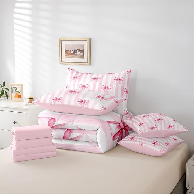 7 Pieces Pink Bowknot Kids Comforter Full,Bow Tie Geometric Stripe Bedding Set,Butterfly Knot Princess Style Fashion Pink Romantic（Comforter+Fitted+Flat Sheet+2 Pillowcases+2 Throw Pillow Covers）
