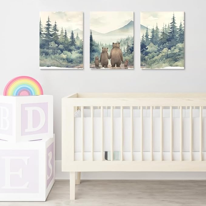 Rustic Bear Family Nursery Decor, Forest Animals Woodland Wall Decor, Love of A Family of Four, Set of 3 Canvas Prints, Landscape Bear Wall Art for Boy's Room Decor, Framed 12"x16"x3