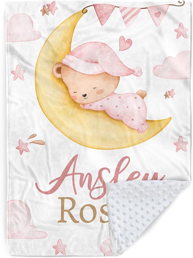 Personalized Baby Blanket for Girls, Custom Name Blanket for Newborn Toddler, Soft Flannel with Double Layer Dotted Backing, Gifts for Baby Shower Christmas Birthday, Pink Moon Bear(30”x40)