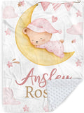 Personalized Baby Blanket for Girls, Custom Name Blanket for Newborn Toddler, Soft Flannel with Double Layer Dotted Backing, Gifts for Baby Shower Christmas Birthday, Pink Moon Bear(30”x40)