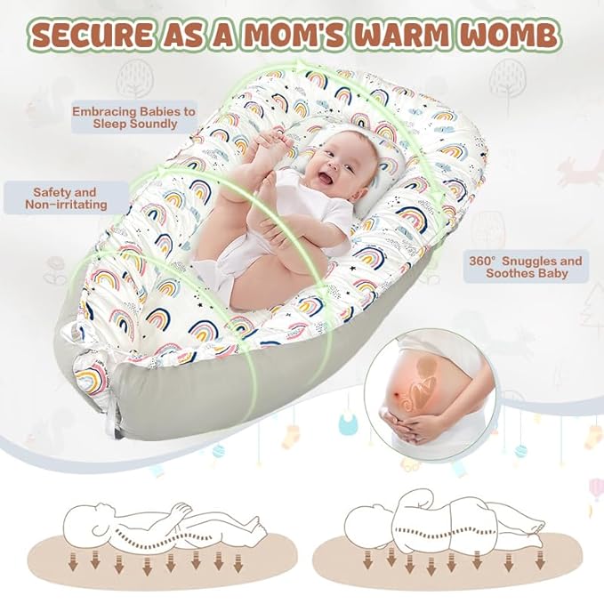 JIFTOK Baby Nests Lounger for Newborn, Snuggle Bassinet for 0-24M, Breathable Portable Co Bed, Baby Essentials Adjustable Infant Soft Cotton Loungers for Home & Travel -Rainbow