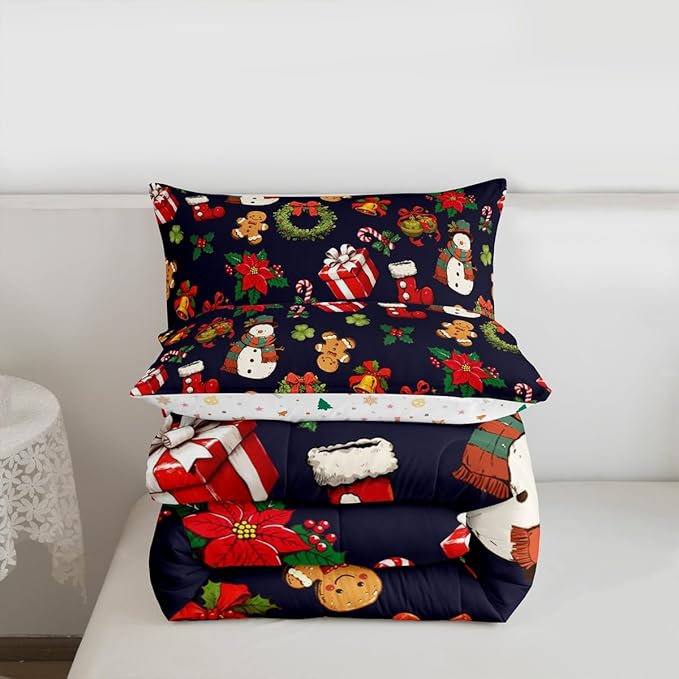 jejeloiu Merry Christmas Comforter Set Twin Size Cute Snowman Bedding Set for Kids Boys Girls Gingerbread Man Duvet Quilt Dark Blue Bedroom Decor