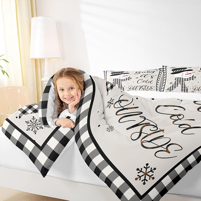 Kids Christmas Snowman Comforter Set Full Size,Snowflake Winter Bedding,Girls Boys Adults Bedroom/Xmas Cabin Decor,Geometric Grids Lattice Down Comforter,Rustic Vintage Duvet Insert,2 Pillowcases