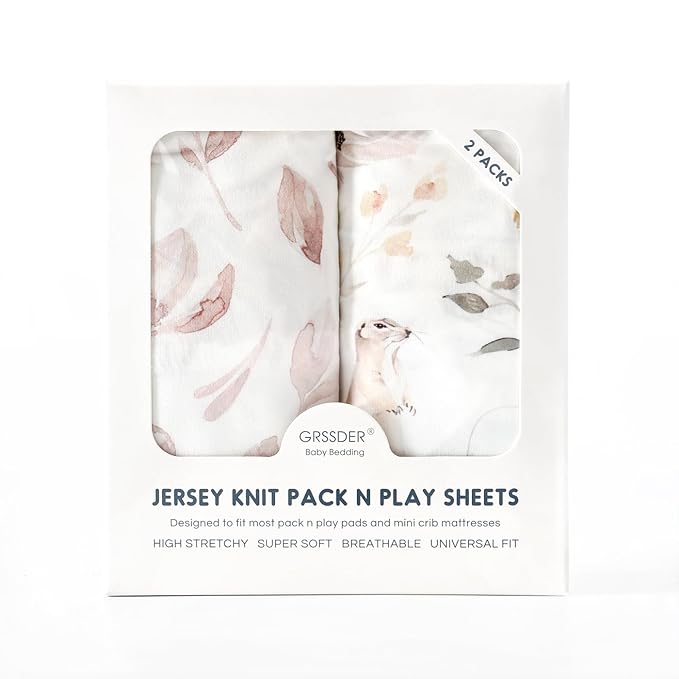 Pack n Play Sheets FItted 2 Pack, Stretchy Ultra Soft Jersey Knit Pack and Play Sheets, Universal Fitted Portable/Mini Crib Mattresses Snug and Safe, Beautiful Blush Pink Floral and Cute Animals Print