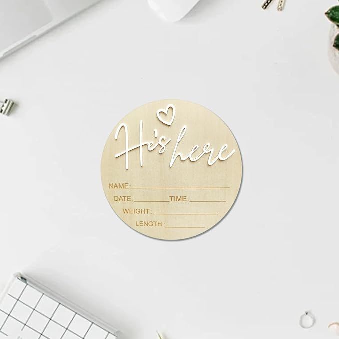 Baby Announcement Sign, 5.9 Inch Wooden Hello World Newborn Signs, Birth Announcement Sign, Gender Reveal Signs, He's here Decoration, Welcome Newborn Arrival To World, Hospital Nursery for Baby (White He's)