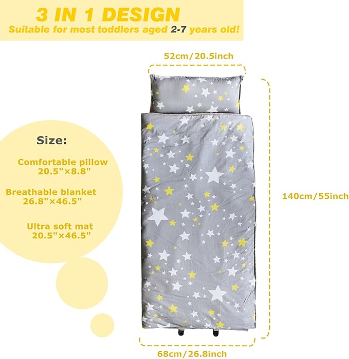 Toddlers Nap Mat with Removable Pillow and Soft Blanket, Lightweight Daycare Preschool Kindergarten Sleeping Bag, Travel Slumber for Kids Girls Boys