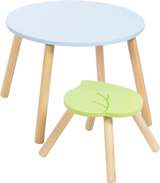 Kids Wooden Animal Table & Chair Set w 4 Seats- Monkey Lion & Elephant Plus Adult Stool for Arts Crafts, Dining, Pretend Play- Durable Playroom Furniture for Home, Daycare Classroom- Toddler Gift