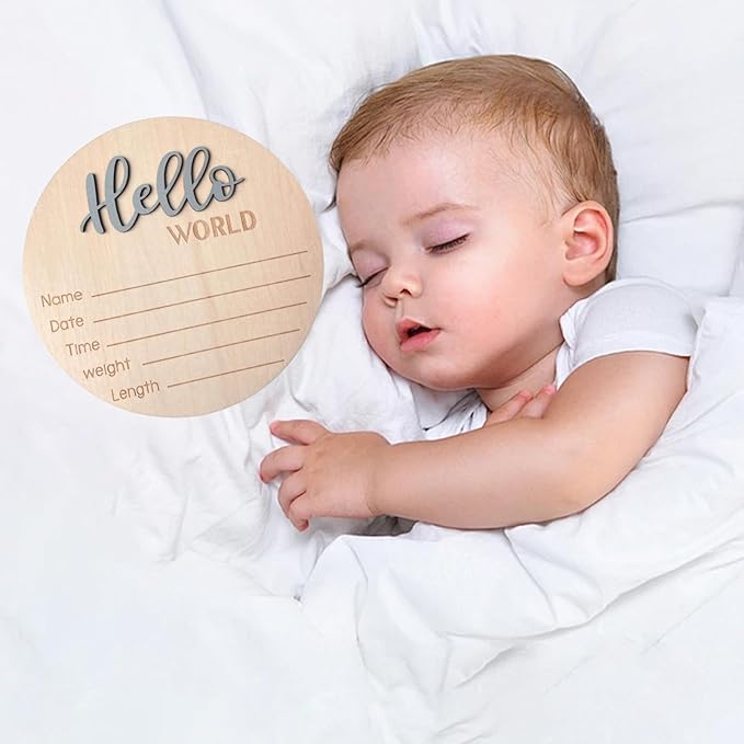 Baby Announcement Sign, 5.9 Inch Wooden Hello World Newborn Signs, Birth Announcement Sign, Baby Shower Hospital Nursery for Newborn Boys and Girls (Gray,Pen)