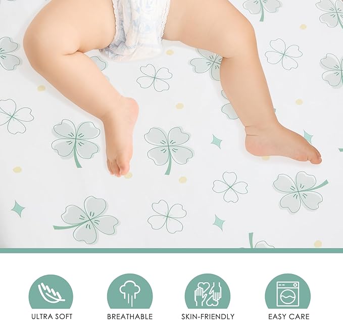 4 Pack Mini Crib Sheets Fitted - 38"x26" Pack and Play Sheets for Playard Mattress, Portable Mini Crib | Soft & Skin Friendly Pack N Play Sheets for Boys Girls (Clover & Moon Star)