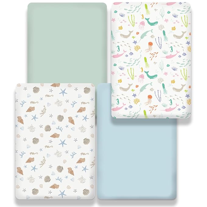 Little Grape Land Mini Crib Sheets for Boys Girls 4 Pack, Fitted Mini Crib Sheets 26x38x5 for Pack and Play/Playard Mattress, Ultra Soft Brushed Microfiber, All-Around Elastic, Ocean/Shell/Green/Blue