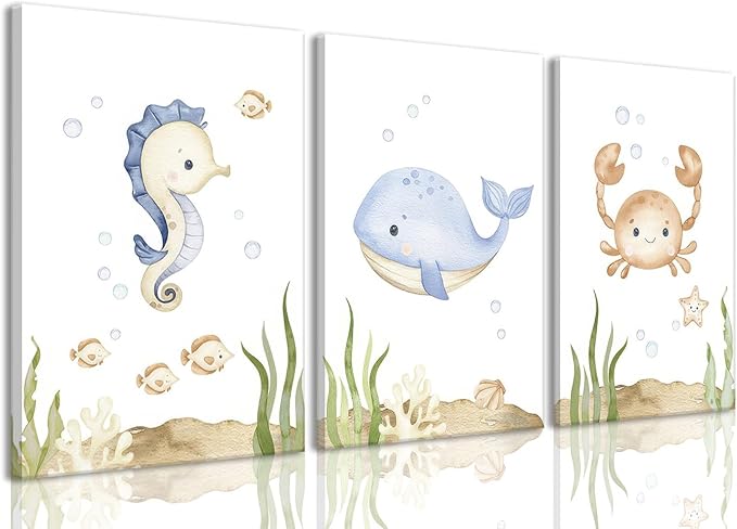 Wodkwq Ocean Nursery Decor, Set of 3 Framed Canvas Art Prints, 16x24in, Under The Sea, Boys Room, Bathroom, Bedroom