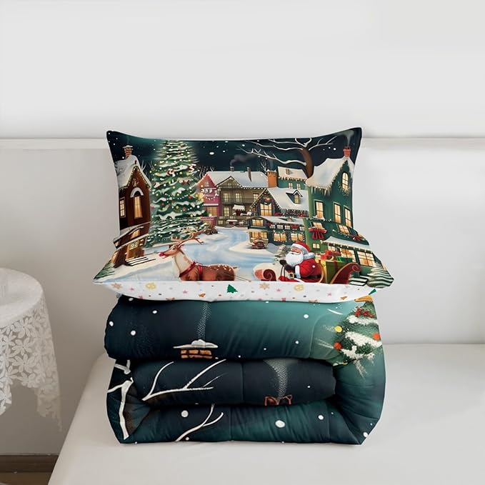 Feelyou Christmas Kids Comforter Set King Size Santa Claus Bedding Set Reindeer Sled Duvet Quilt for Kids Boys Girls Bedroom Xmas Tree Decor Microfiber Ultra Soft Breathable