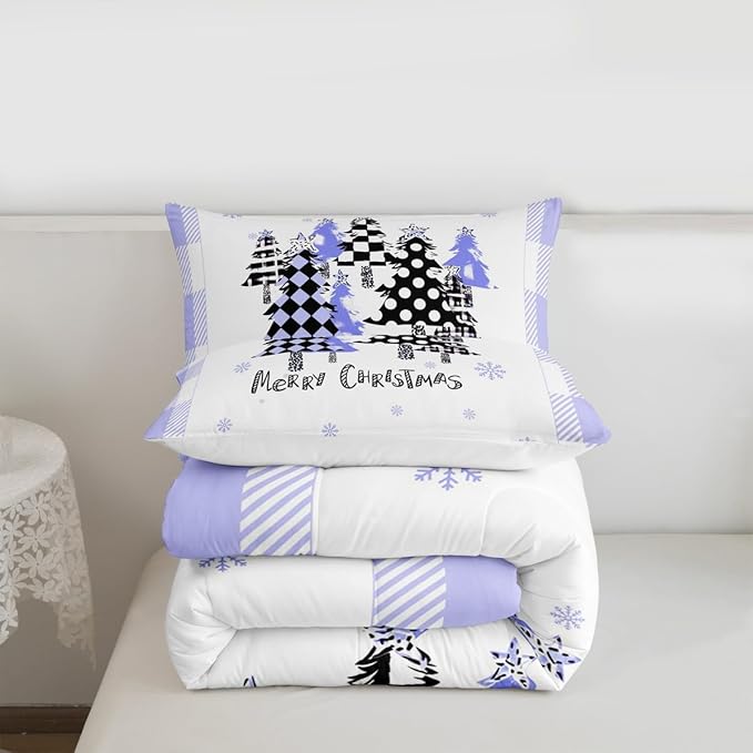 Manfei Xmas Trees Comforter Set Queen Size, Blue Plaid Grid Snowflake Bedding Set 3pcs for Kids Girls Boys Adults Room Decor, Christmas Theme Down Comforter New Year Quilt Set with 2 Pillowcases