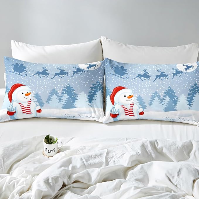 Manfei Snowman Duvet Cover Set Full Size, Xmas Deer Trees Print Comforter Cover with 2 Pillowcases, Winter Snowflake Merry Christmas Bedding Set 3pcs for Kids Boys Girls Bedroom Decor,No Comforter