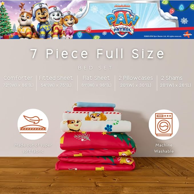 PAW Patrol Holiday & Christmas Kids Bedding Soft Comforter and Sheet Set with Sham, 7 Piece Full Size, (Officially Licensed Product) by Franco