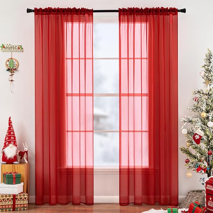 MIULEE 2 Panels Red Solid Color Sheer Christmas Window Curtains Elegant Window Voile Panels/Drapes/Treatment for Bedroom Living Room (54X72 Inches)