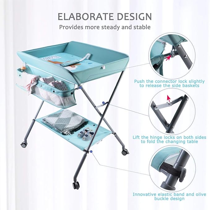 Baby Changing Table Portable Folding Diaper Changing Station with Wheels, Adjustable Height Mobile Nursery Organizer with Safety Belt and Large Storage Racks for Newborn Baby and Infant, Green