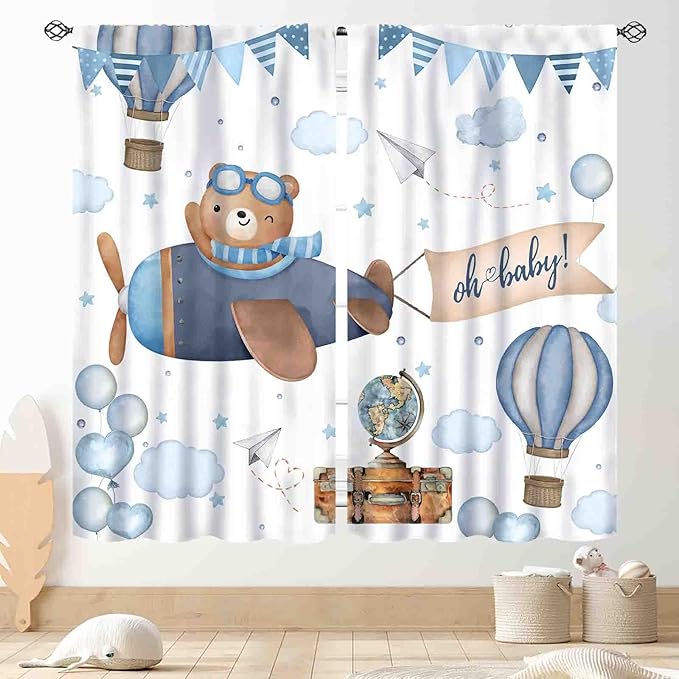 Cartoon Bear Curtains, Kids Boys Girls Cute Lovely Bear Adventure Airplane Cloud Pastel Blue Window Drapery Treatments for Baby Living Room Bedroom Nursey Toddler Classroom 2 Panels, 55"x63" Inch