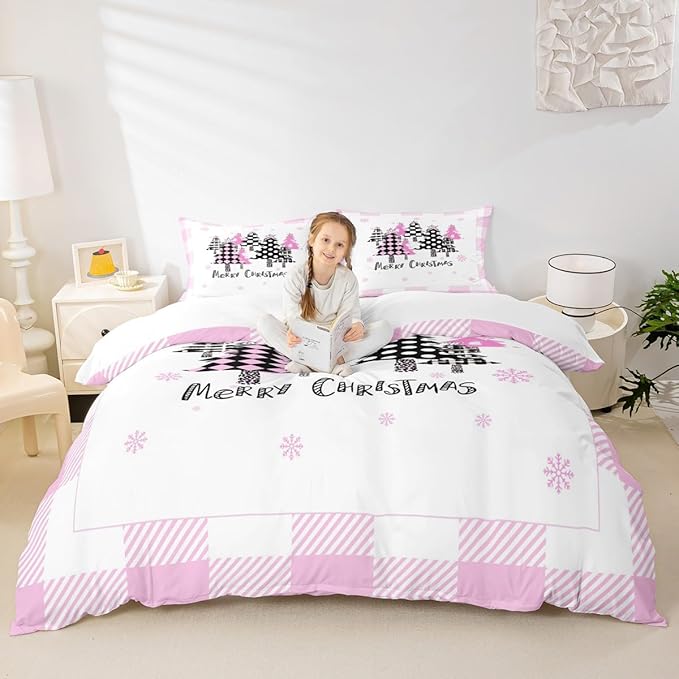 Manfei Xmas Trees Duvet Cover Set Queen Size, Pink Plaid Grid Snowflake Comforter Cover with 2 Pillowcases, Christmas Theme Bedding Set for Kids Girls Room Decor New Year Bedspread Cover, No Comforter