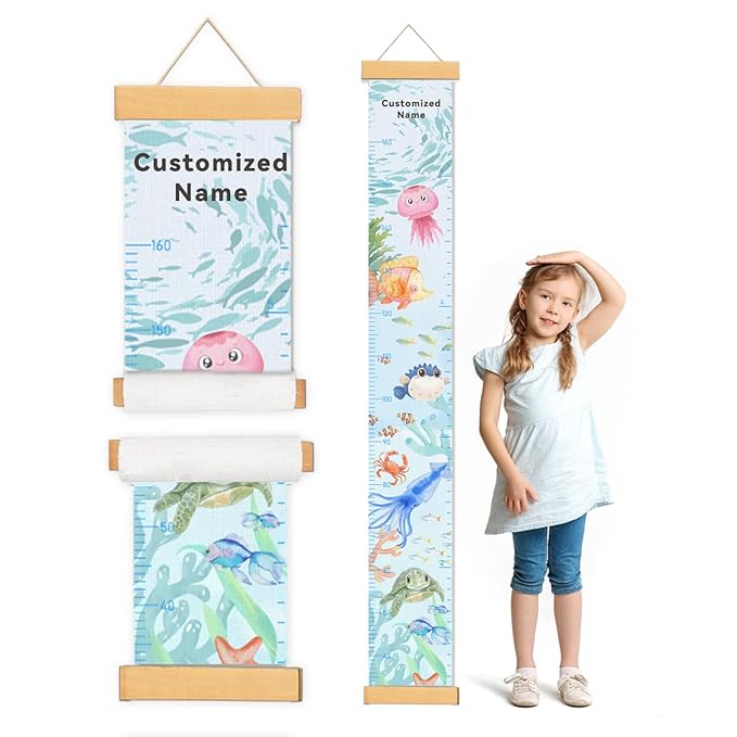 Personalized Name Growth Chart for Wall, Painted Marine Animals Canvas Height Chart for Kids Baby Child Toddler, Canvas Growth Chart for Wall Nursery Decor, Hangable & Waterproof