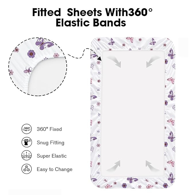 Little Grape Land Mini Crib Sheets for Girls 4 Pack, Fitted Mini Crib Sheets 26x38x5 for Pack and Play/Playard Mattress, Ultra Soft Brushed Microfiber, All-Around Elastic, Butterfly/Floral/Pink/Purple