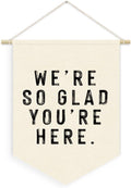 Welcome Sign We're So Glad You're Here Linen Canvas Banner, Teacher Must Haves, Positive Affirmations Wall Hanging Pennant Flag Banner for Classroom Preschool Decor, Welcome Gifts, 15x11in
