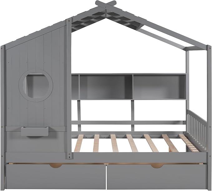 Merax Wood Full Multifunctional Montessori Daybed with Drawers/Storge Shelves, Low House Bed for Kids Boys Girls,Easy Assemble, Gray