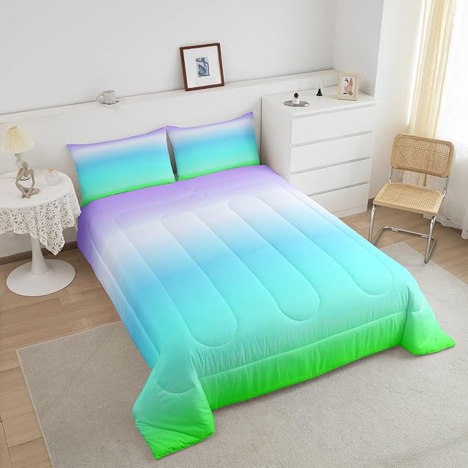 Feelyou Blue Green Ombre Comforter Twin Size, Colorful Gradient Comforter Set for Boys Girls Rainbow Ombre Bedding Set Luxury Modern Duvet Set Decorative Microfiber Bed Set