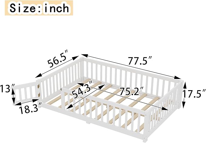 Bellemave Full Size Floor Bed Frame with Fence and Door for Kids, Montessori Floor Bed with Slats and Safety Guardrails,Solid Wood Full Bed Frame for Girls Boys,White