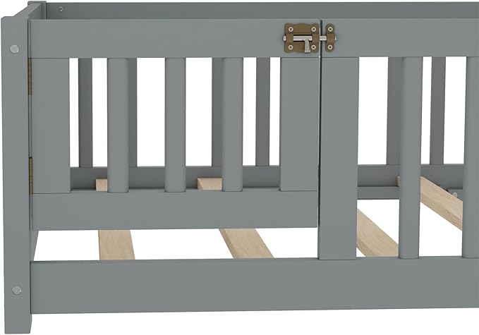 Bellemave Twin Size Floor Bed with Rails for Kids, Girls, Boys, Pine,Plywood Floor Bed with slats and Door, Grey