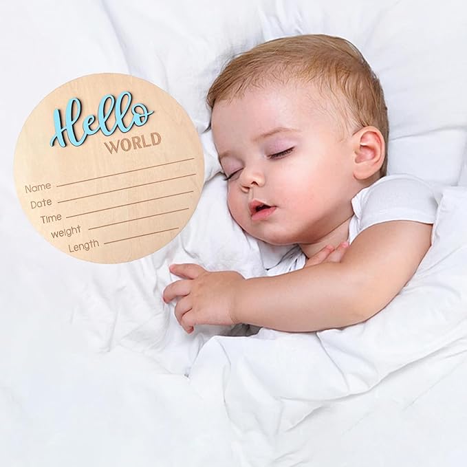 Baby Announcement Sign, 5.9 Inch Wooden Hello World Newborn Signs, Birth Announcement Sign, Baby Shower Hospital Nursery for Newborn Boys and Girls (Sky blue)