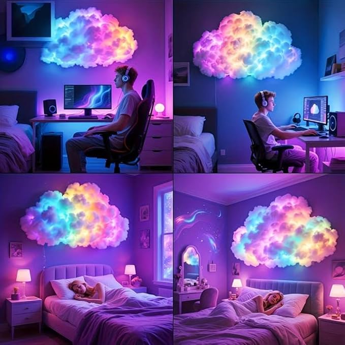 LED Cloud Light with Music Rhythm,DIY USB-Powered Thundercloud LED Light Decor for Bedroom & Gaming Room - USB Powered,Vibrant Glow, No Drill Roof for Christmas/New Year Gifts (19.6ft)