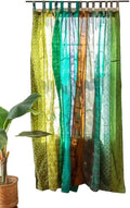 YILLE Boho Silk Sari Curtain Panel,1 Piece Vintage Handmade Lightweight Recycled Indian Silk Saree Window Drapes for Bohemian Living Room, Aesthetic Home Décor Wall Hanging - Green, 84 X 43 in
