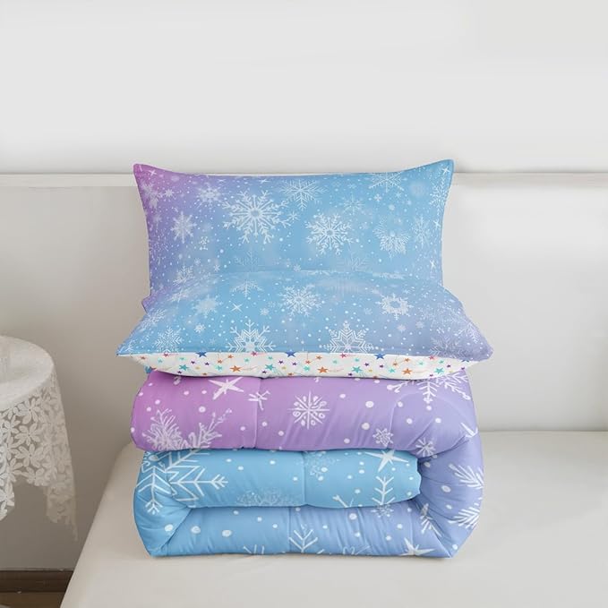 Feelyou Christmas Comforter Set All Season Winter Snowflake Bedding Set with 1 Pillow Cases Blue Purple Gradient Microfiber Kids Toddler Bedclothes Bedroom Decor Duvet Quilt Breathable Soft