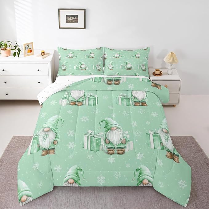 Feelyou Green Christmas Comforter Set All Season Scandinavian Christmas Santa Gnomes Bedding Set with 2 Pillow Cases Xmas Snowflake Kids Queen Bedclothes Bedroom Decor Breathable Soft