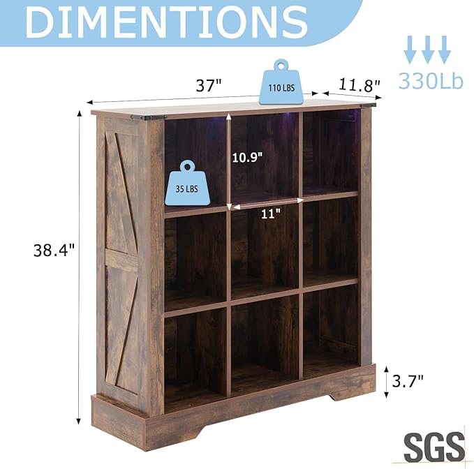 9 Cube Storage Organizer, Wood Cube Bookshelf with LED Lights, Horizontal Storage Cubes, Kids Bookshelf, Display Cabinet Cubby Shelf for Living Room Home Office Bedroom, Brown