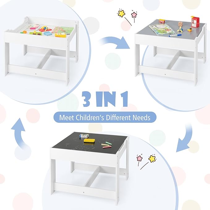 HONEY JOY Kids Table and Chairs, 3-in-1 Children Wooden Activity Set with Storage, Detachable Tabletop, for Art, Craft, Drawing, Reading, Gift for Toddlers Boys Girls 3-7 Years Old (Grey)