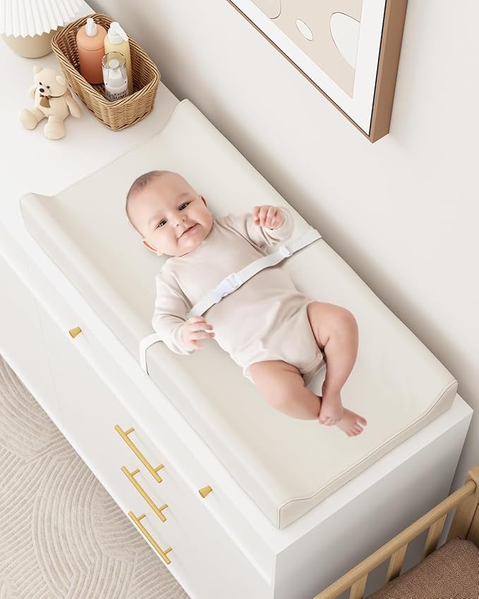 YACODAVO Wipeable Baby Changing Pad for Dresser and Table, Cozy Diaper Changing Pad with Waterproof & Wipe-Clean Leather Cover, Off-White