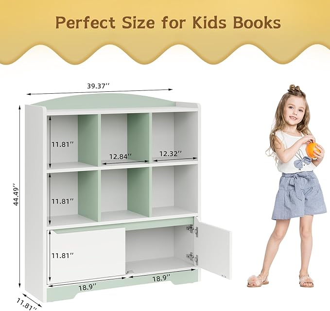 Kids Bookshelf,2 Tier Kids Book Shelf for Kid Rooms with 2 Doors,6 Cubes Storage Organizer,Wood Children Bookcase,Toy Storage Organizer,Freestanding Book Display Shelf for Playroom WhiteGreen