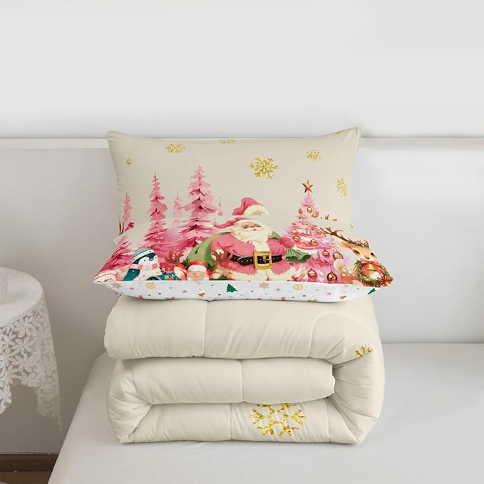jejeloiu Merry Christmas Comforter Set Queen Size Santa Claus Bedding Set for Kids Boys Girls Cute Deer Duvet Quilt Beige Bedroom Decor